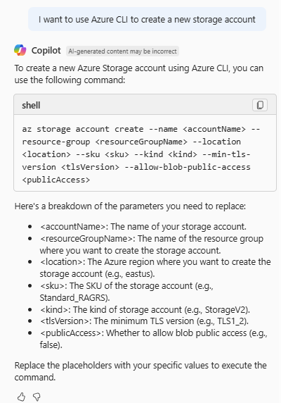 Screenshot von Azure Copilot, der Azure CLI-Befehle zum Erstellen eines Speicherkontos bereitstellt.