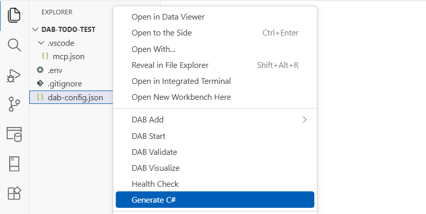 Screenshot der von DAB Code Gen generierten C#-Projektartefakte im Visual Studio Code-Explorer.