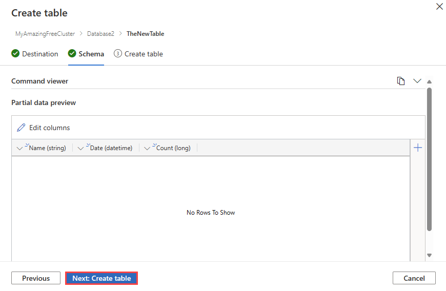 Screenshot des Assistenten zum Erstellen leerer Tabellen mit Schemaeingabe im Azure-Daten-Explorer.
