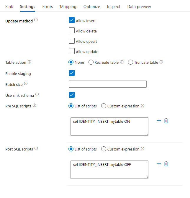 Screenshot: SQL-Skripts für Vor- und Nachverarbeitung im Azure Synapse Analytics-Datenfluss