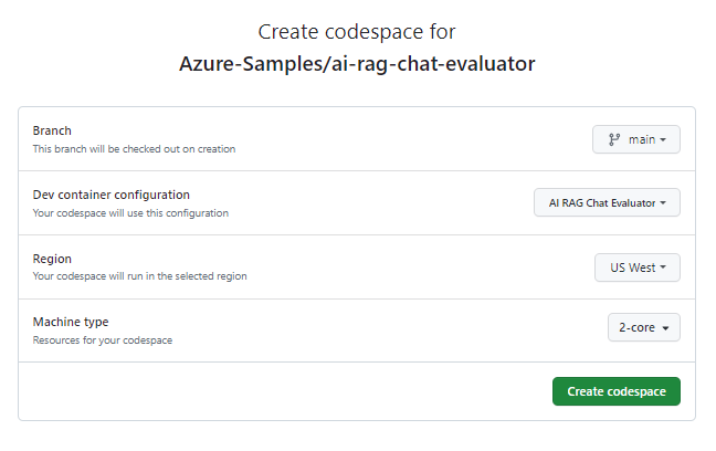 Screenshot des Bestätigungsbildschirms, bevor Sie einen neuen Codespace erstellen.