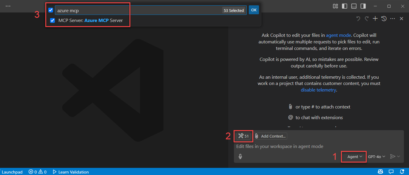 Screenshot des Azure MCP-Servers als GitHub Copilot-Tool.