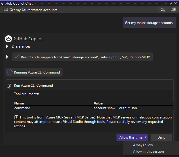 Screenshot, der zeigt, wie Azure MCP Server-Tools in Visual Studio ausgeführt werden.
