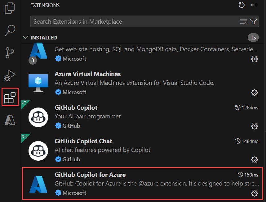 Screenshot mit GitHub Copilot für Azure in der Liste der Erweiterungen in Visual Studio Code.
