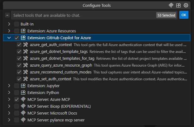 Screenshot der Liste der Tools in Visual Studio Code.