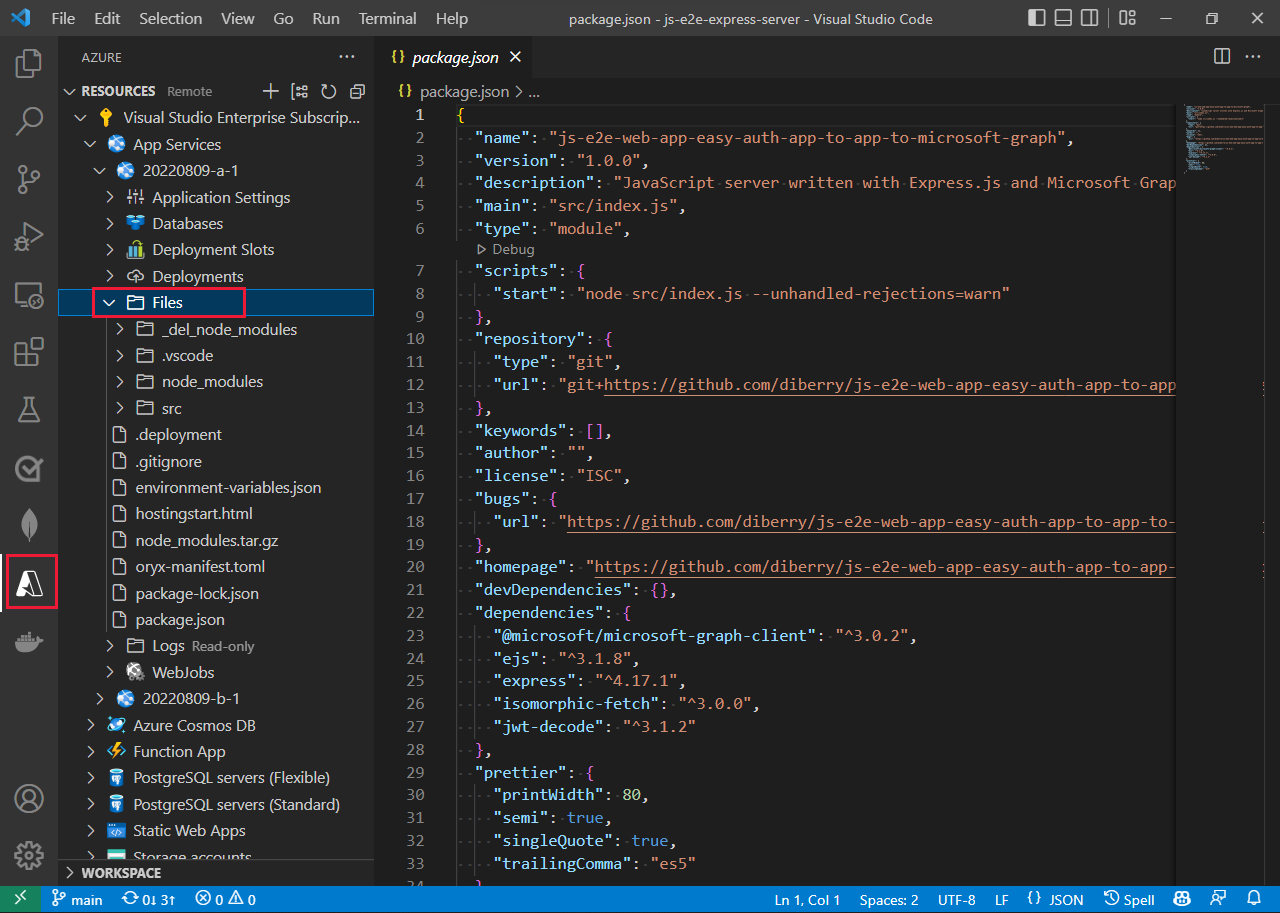 [Azure-App Service- und Azure Functions-App-Erweiterungen bieten beide eine Ansicht der Remotedateien.