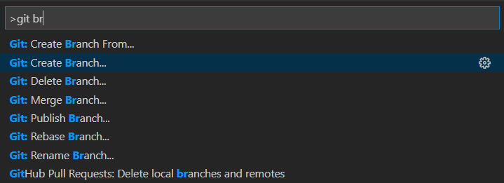 Screenshot einer Suche nach Git Branch und Auswählen von Git Create Branch.
