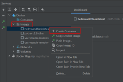 Screenshot, der zeigt, wie Container aus dem Docker-Image in PyCharm gestartet wird.
