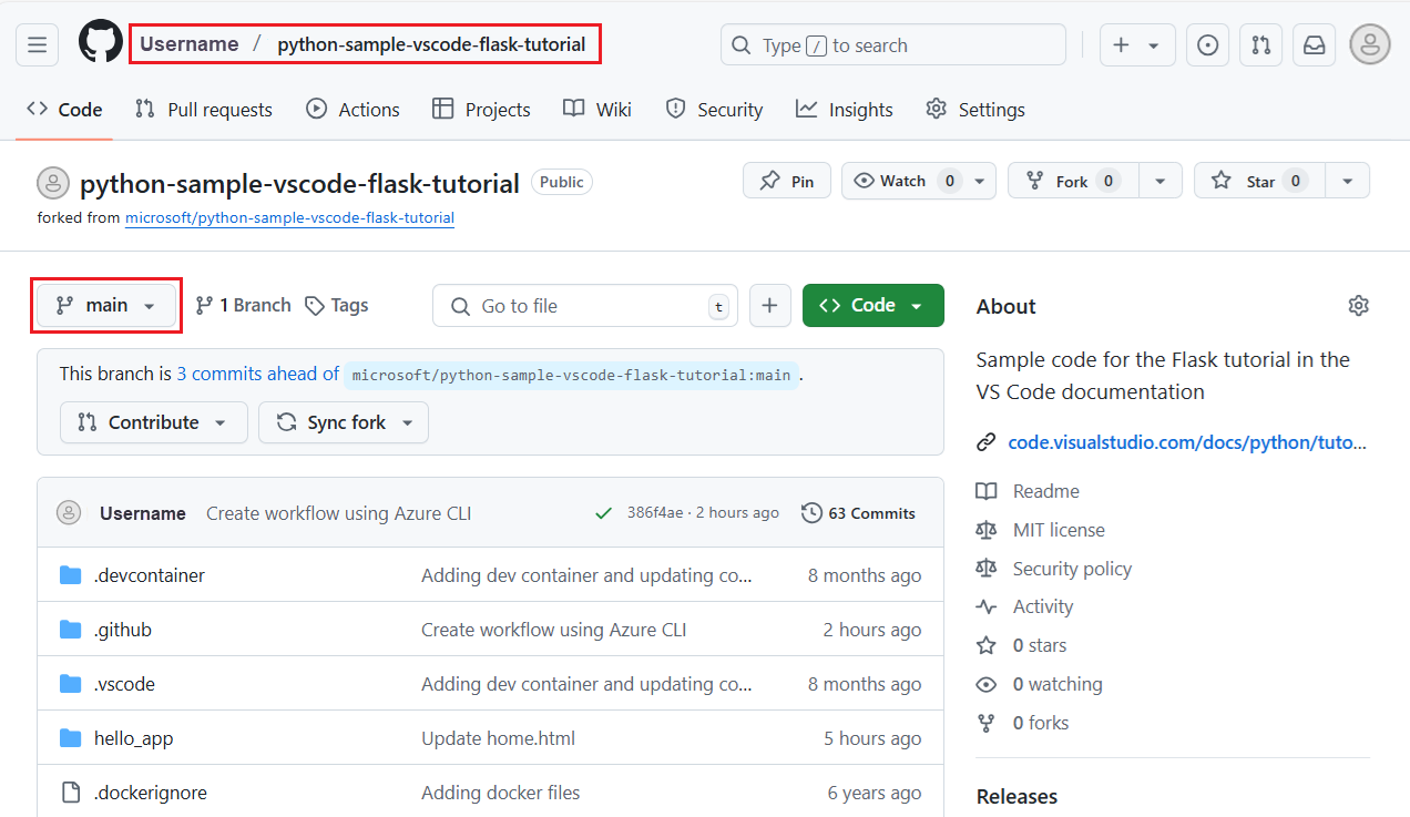 Screenshot, der zeigt, wie Sie zum Repository und zur Verzweigung wechseln, in der der GitHub-Aktionen-Workflow definiert ist.