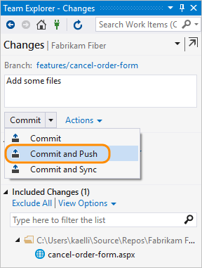Ein Screenshot zeigt Commit- und Push-Änderungen.