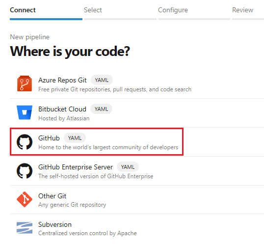Screenshot der Auswahl von GitHub als Speicherort ihres Codes.