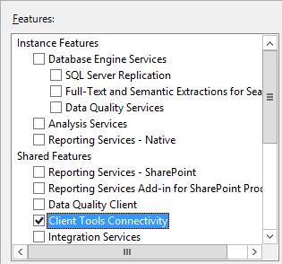 Screenshot der Installation der SQL Server-Clienttools-Konnektivitätsfunktion.