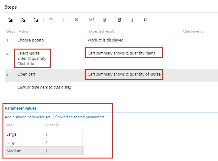 Der Screenshot zeigt eine Anleitung zum Eingeben von Parameternamen und -werten.