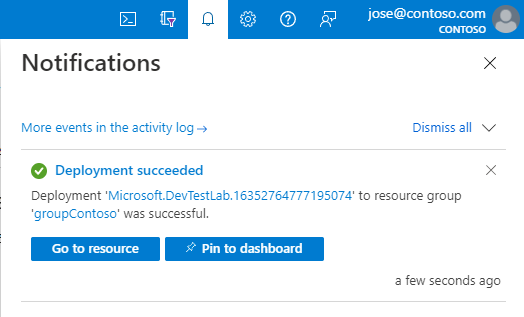 Screenshot: DevTest Labs-Bereitstellungsbenachrichtigung.