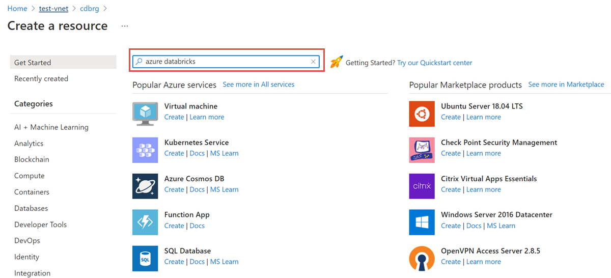 Screenshot, der eine Suche nach Azure Databricks zeigt.
