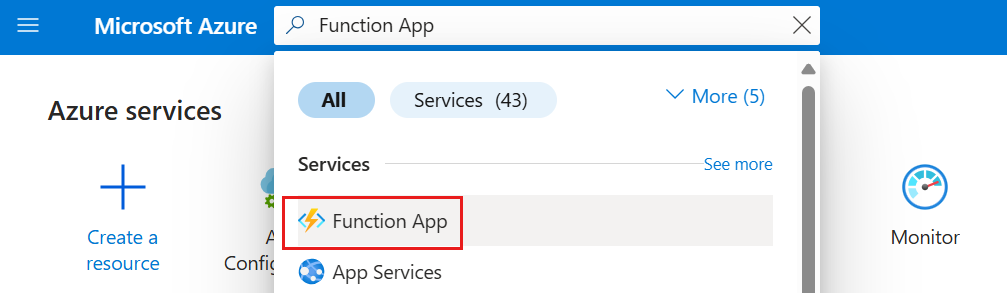 Screenshot des Azure-Portals, Auswählen der Funktions-App.