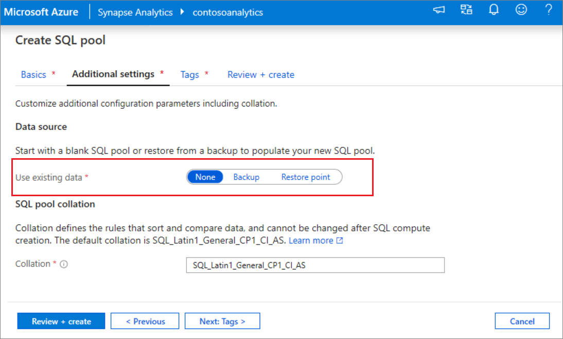 Screenshot des Sql-Pool-Erstellungsflusses – Registerkarte 