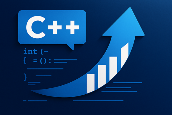 C++-Logo mit einem Pfeil nach oben und abstraktem Code auf einem blauen Hintergrund, der Verbesserungen beim Upgrade vorschlägt.