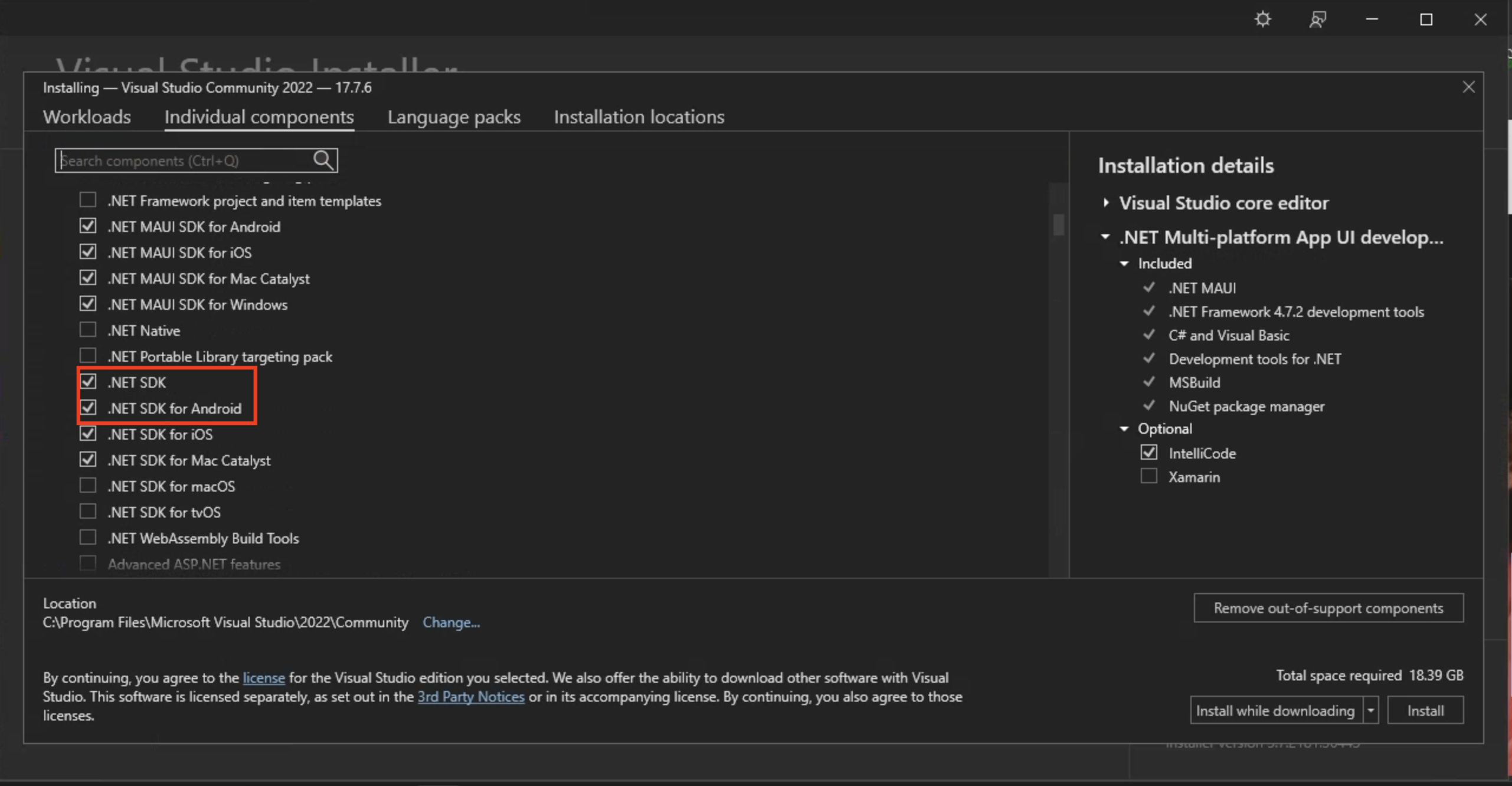 Wählen Sie .NET für Android SDK-Komponente aus.