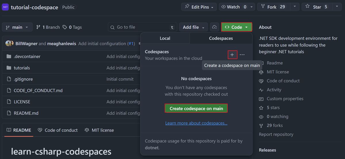 Erstellen eines neuen Codespaces von dem Tutorial-Repository