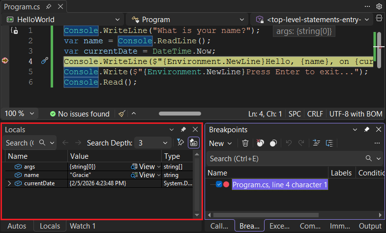 Screenshot eines Haltepunkts in Visual Studio