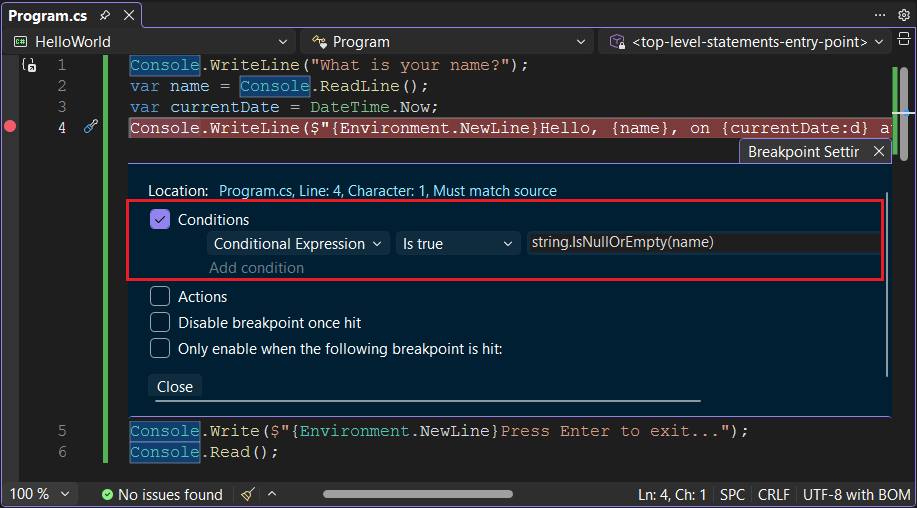 Editor mit dem Panel für Haltepunkteinstellungen – C#