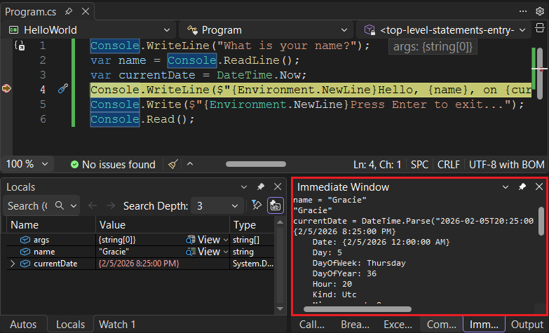 Locals und Direktfenster in Visual Studio