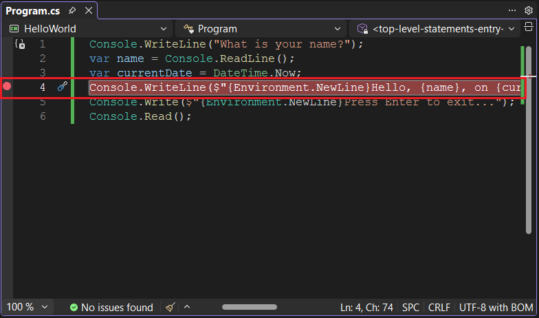 Visual Studio Programmfenster mit Haltepunktsatz