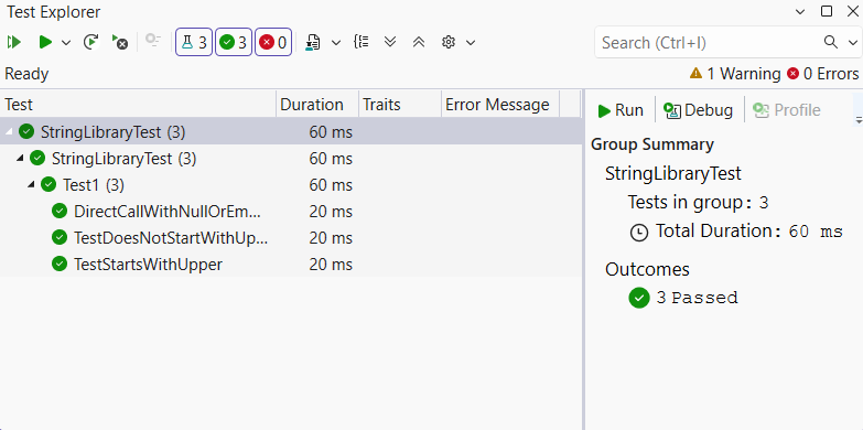 Test Explorer-Fenster mit erfolgreichen Tests