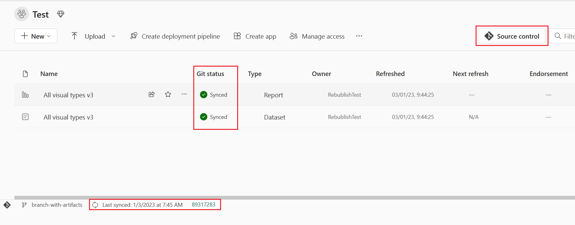 Screenshot des Quellcodeverwaltungssymbols und anderer Git-Informationen.