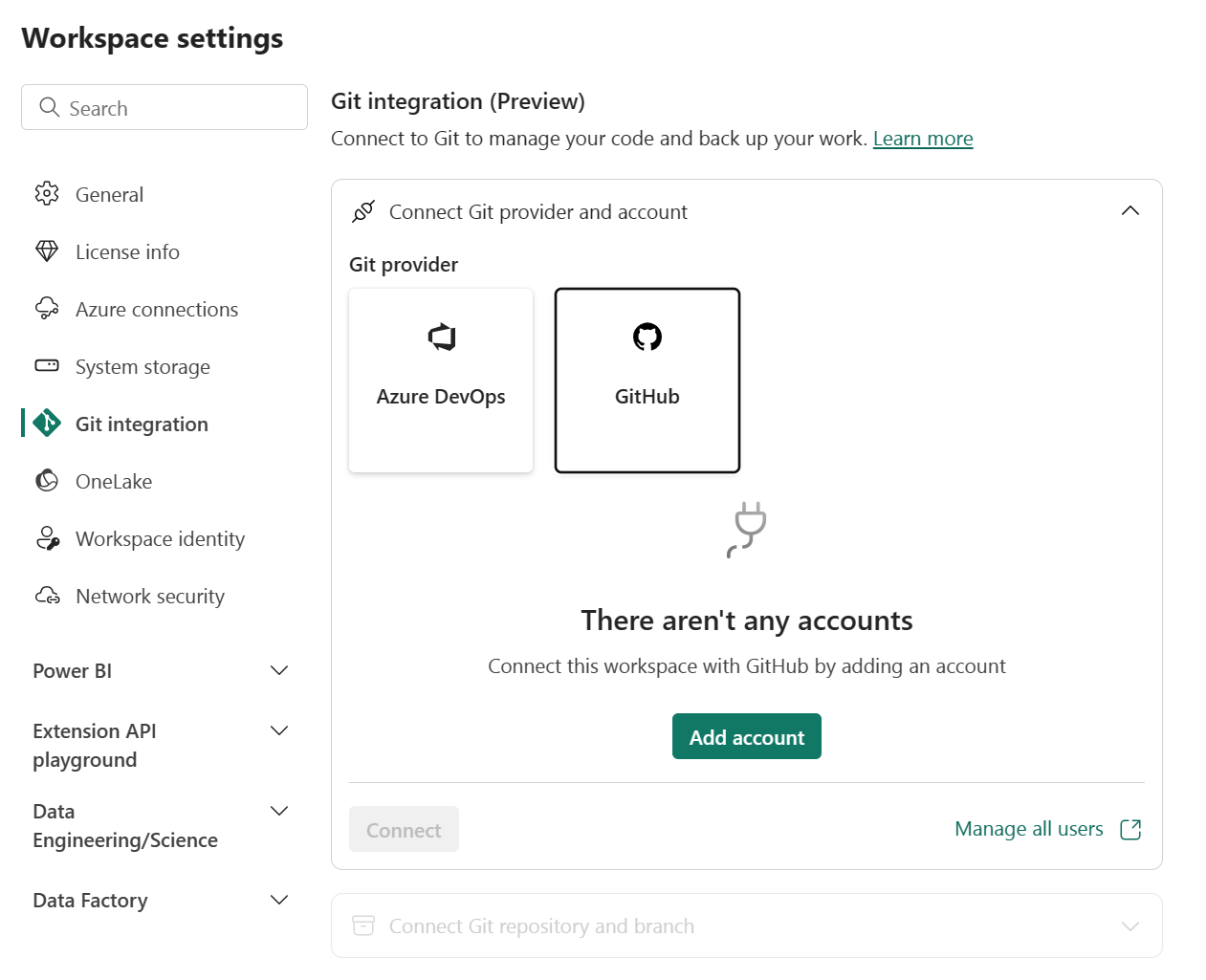 Screenshot des GitHub Integrationsfensters ohne vorhandene Konten zum Auswählen.