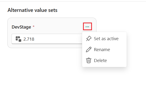 Screenshot der Optionen zum Bearbeiten eines Wertsatzes: als aktiv, umbenennen und löschen.