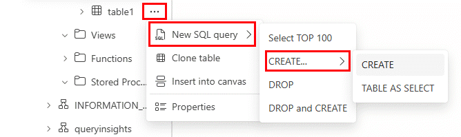 Screenshot des Fabric-Portals, der zeigt, wie die T-SQL eines Datenbankobjekts skriptt wird.