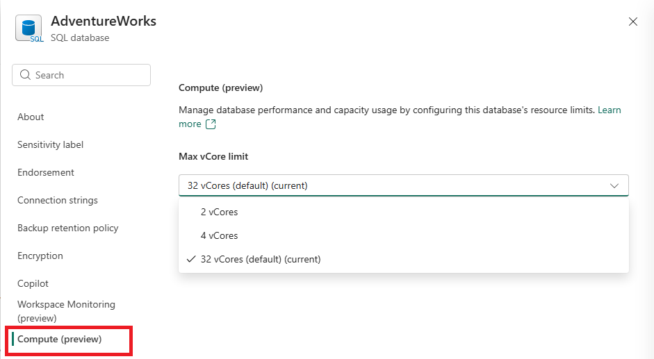 Screenshot des Fabric-Portals mit der Konfiguration des maximalen v Core-Grenzwerts für eine SQL-Datenbank.