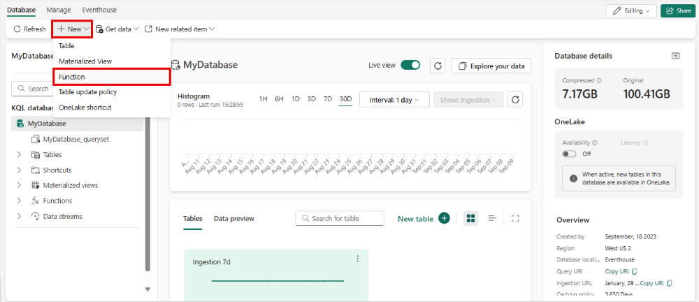 Screenshot einer Startseite der KQL-Datenbank mit dem Dropdownmenü 