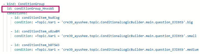 Screenshot des Code-Editors, der eine ConditionGroup mit der hervorgehobenen `id` conditionGroup_HnxsWS zeigt.