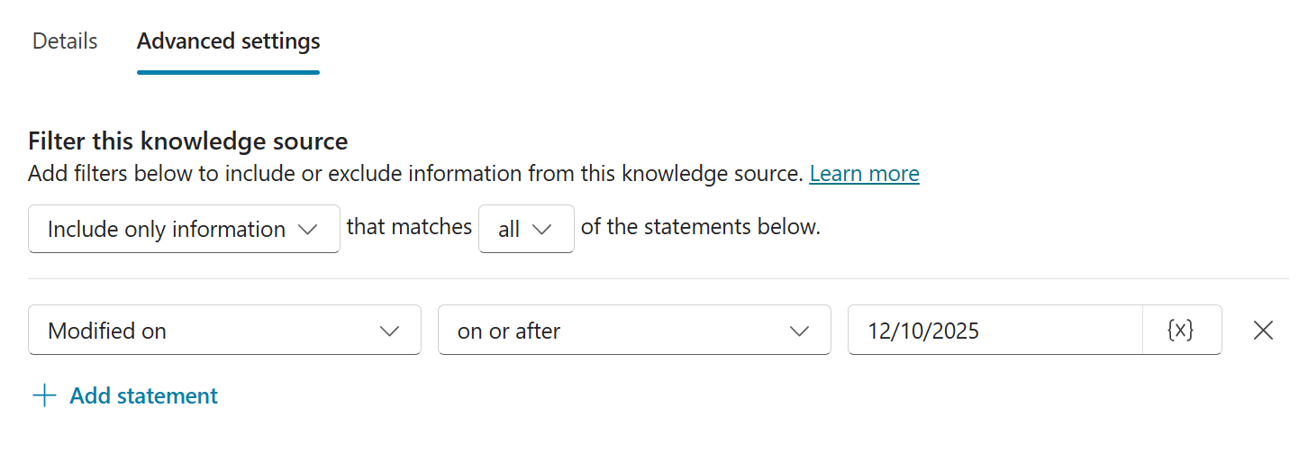 Screenshot der erweiterten Einstellungen der SharePoint-Wissensquelle mit einem Beispiel für die konfigurierten Einstellungen.