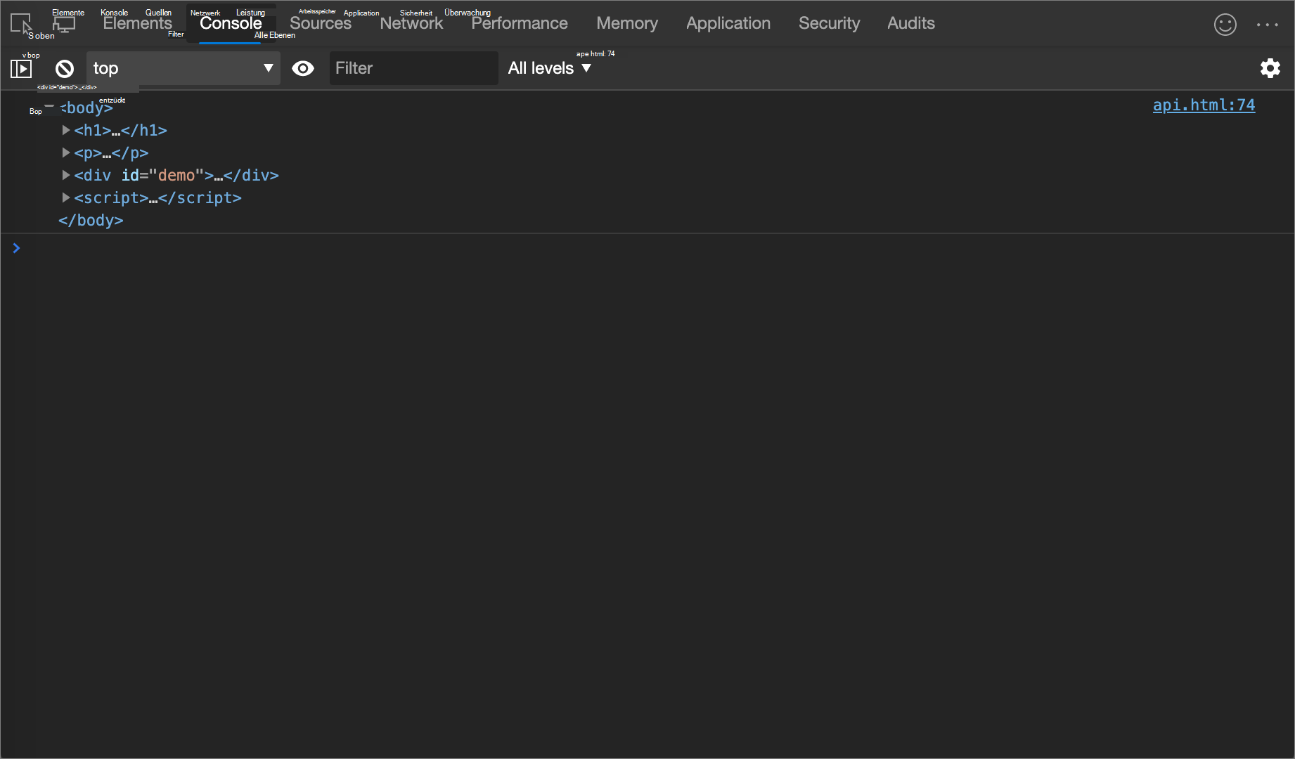Das Ergebnis des Console.dirxml()-Beispiels
