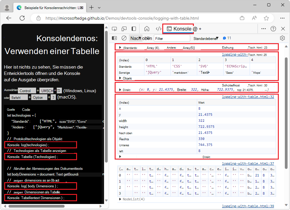 Anzeigen von Daten mit console.table, um das Lesen zu vereinfachen
