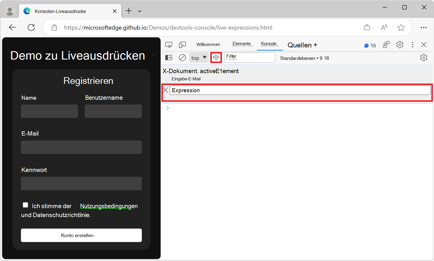 Das Konsolentool in DevTools mit einem Liveausdruck und einem neuen Textfeld für Liveausdrücke darunter
