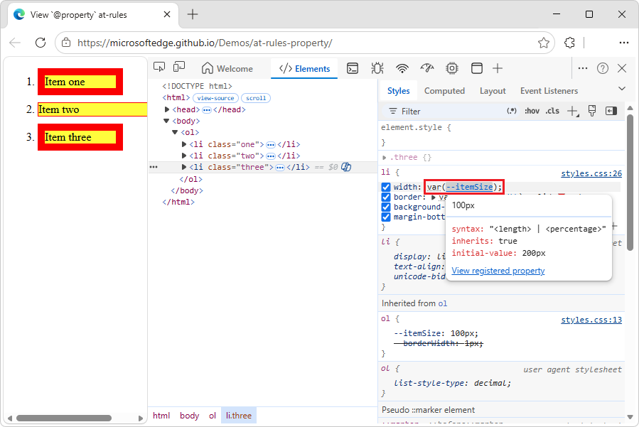 QuickInfo für die at-property CSS at-rule