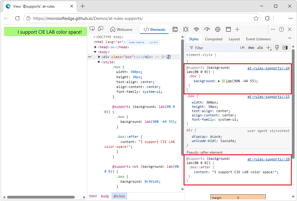 Ergebnis von HTML für at-supports at-rule