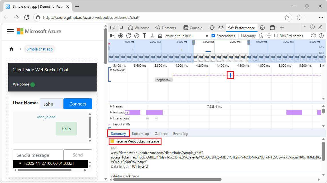 Empfangen einer WebSocket-Nachricht