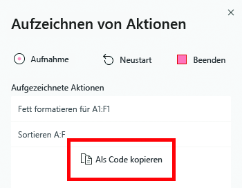Der Aufgabenbereich der Aktionsaufzeichnung mit hervorgehobener Schaltfläche 