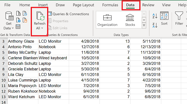Aktualisieren Sie Ihre App-Daten in Excel.