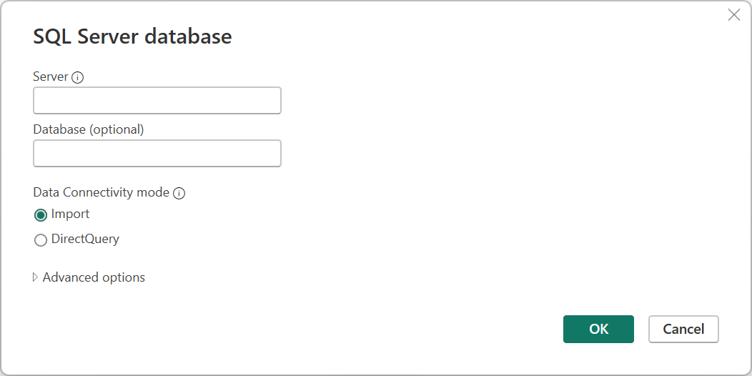 Screenshot des SQL Server-Datenbankverbindungs-Generators in Power Query Desktop.
