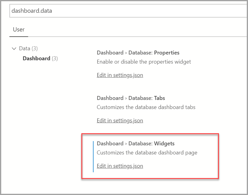 Screenshot: Bereich „USER SETTINGS“ mit hervorgehobenem „Dashboard“-Bereich > und „Database Widgets“: