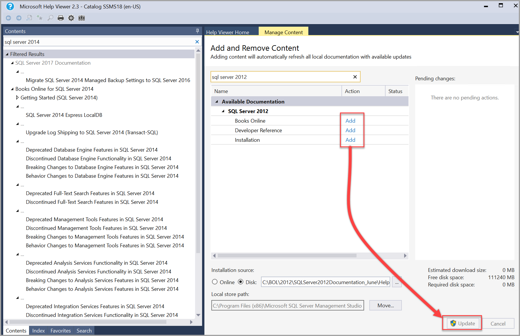 Hinzufügen und Aktualisieren von SQL Server 2014-Büchern in der Hilfeanzeige