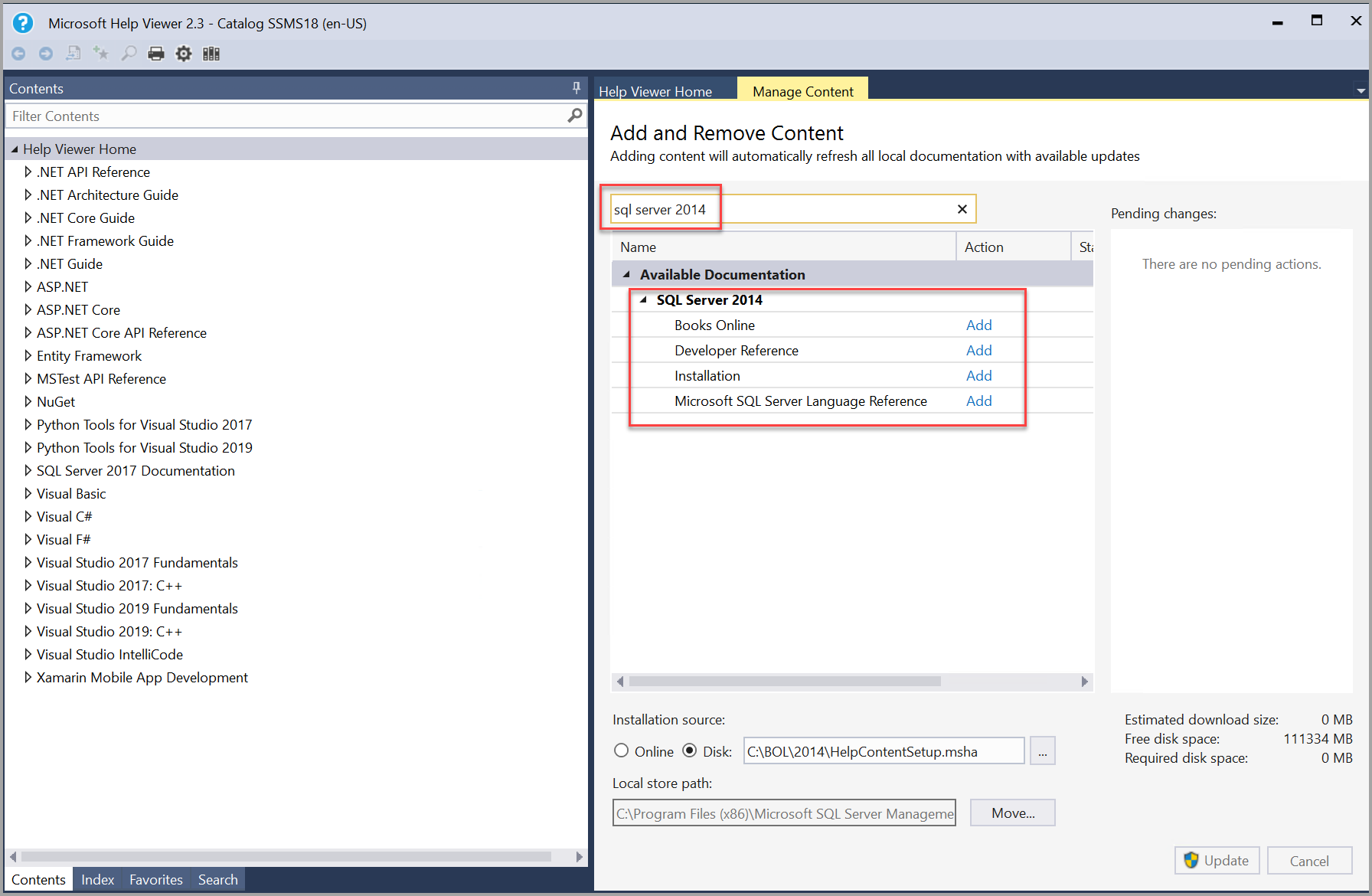 SQL Server 2014-Büchersuche in der Hilfeanzeige