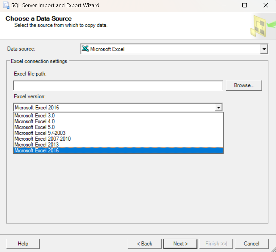 Screenshot des Assistenten zum Importieren und Exportieren von Excel in SSMS mit ausgewählter Option 